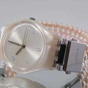 Pink multistrand faux pearl Swatch bracelet wristwatch